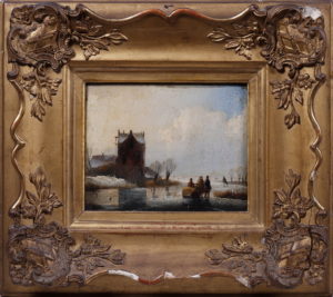 Andreas Schelfhout (1787 in Den Haag - 1870 ebda.)
Holländische Winterlandschaft mit zugefrorenem See, Öl/Holzplatte