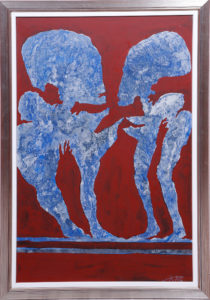 Jan Koblasa, blaue Figuren auf rotem Grund, 1976, Acryl auf Spanplatte, ca. 111x76cm, Zuschlag: 1700,-€